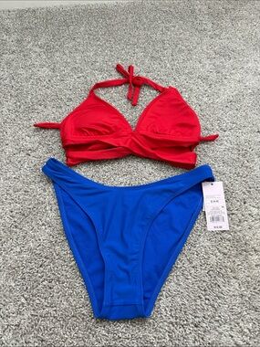 KONA SOL Red Halter Bikini Top with WILD FABLE Blue High-Cut Bottom